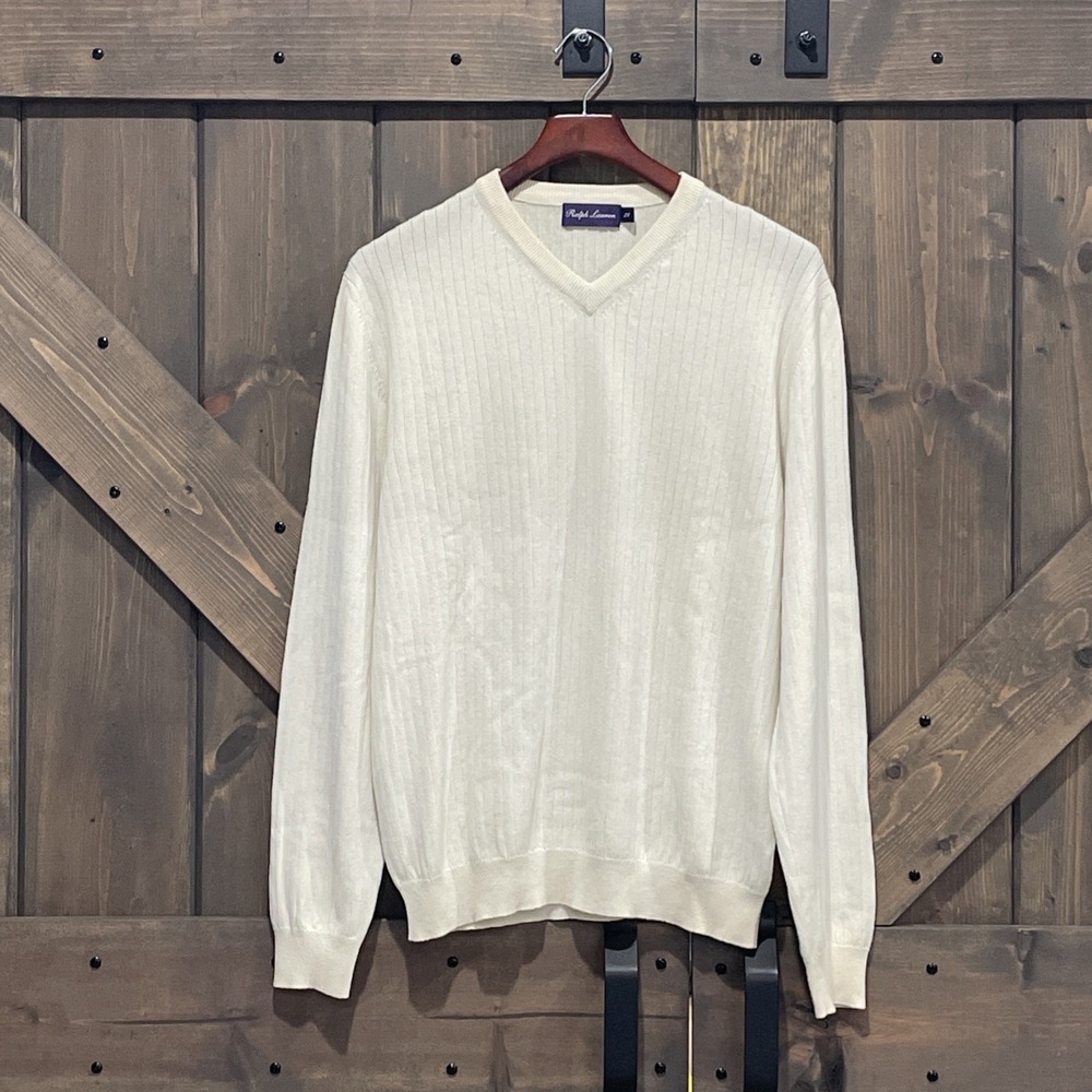 Ralph Lauren Purple‎ Label 100% Cashmere Rib Knit V-Neck Sweater Ivory Men's L